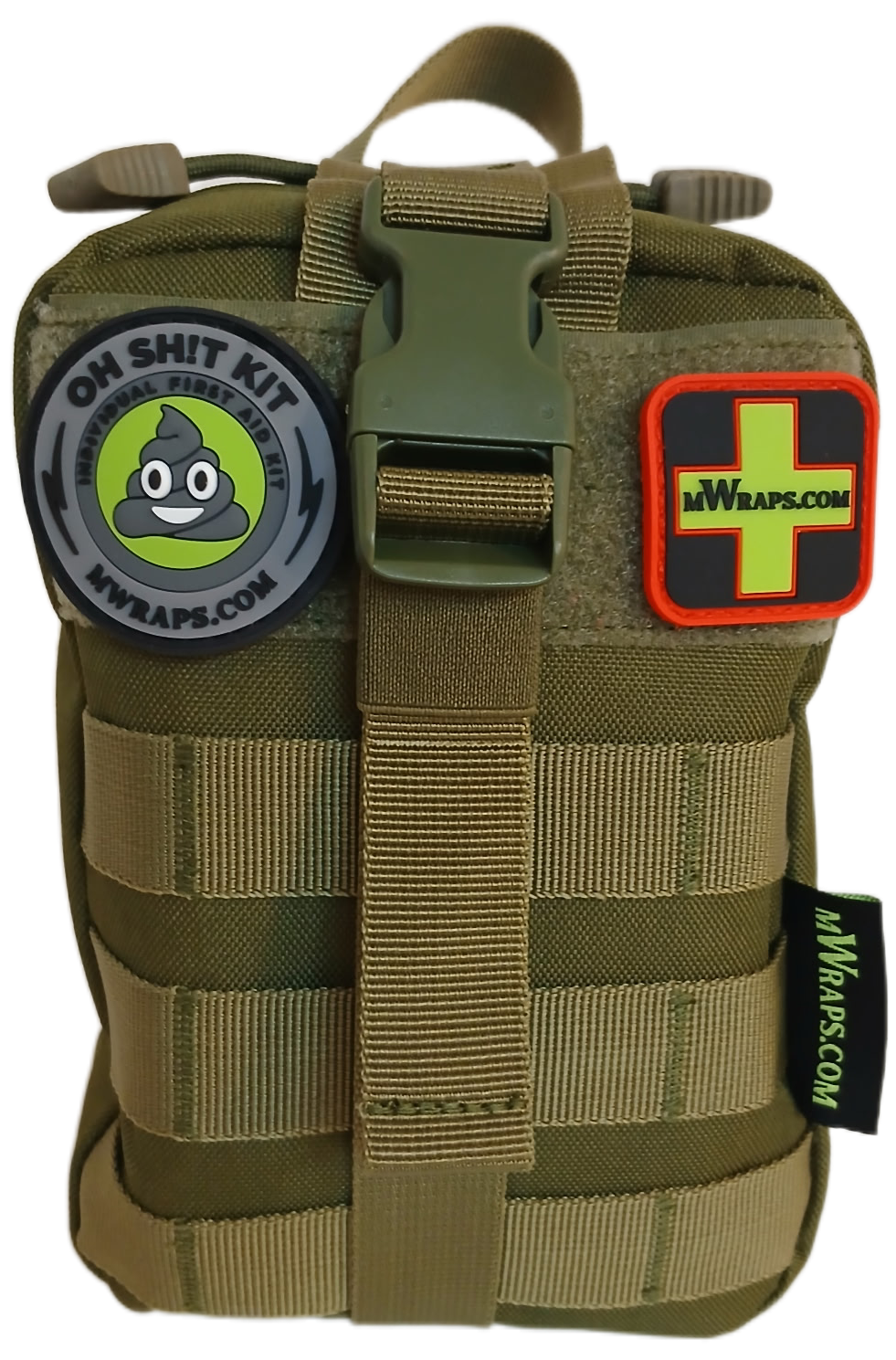 Olive green tactical pouch with patches and branding on a white background