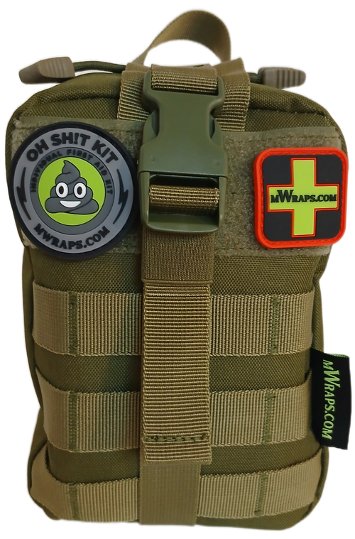 Olive green tactical pouch with patches and branding on a white background