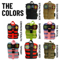 Collection of tactical pouches in various colors with labels on a white background.